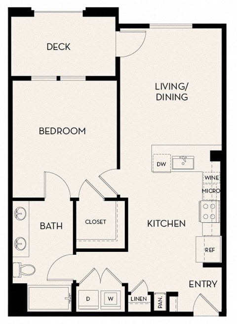 Floor plan for 1 bed, 1 bath, 763 sqft